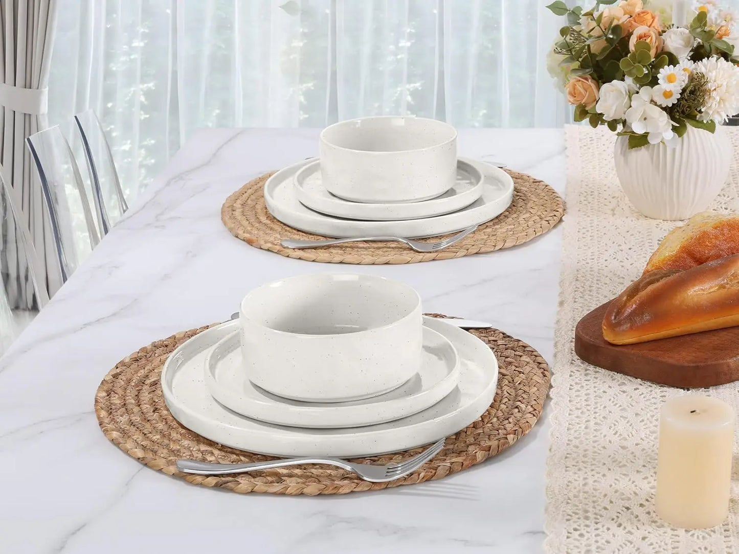 Stoneware Dinnerware Sets, 12 Piece Plates and Bowls Dish Set for 4, Kitchen Speckled Dinner Ware Dining Dishware, Microwave
