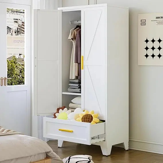 Farmhouse Metal Wardrobe Closet with Hanging Rod, 2 Barn Doors & Adjustable Shelves