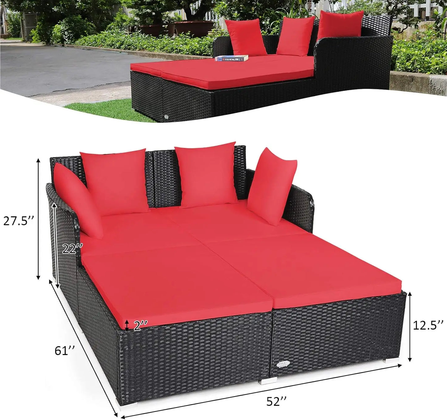 Outdoor Rattan Sunbed Wicker Furniture w/Spacious Seat,