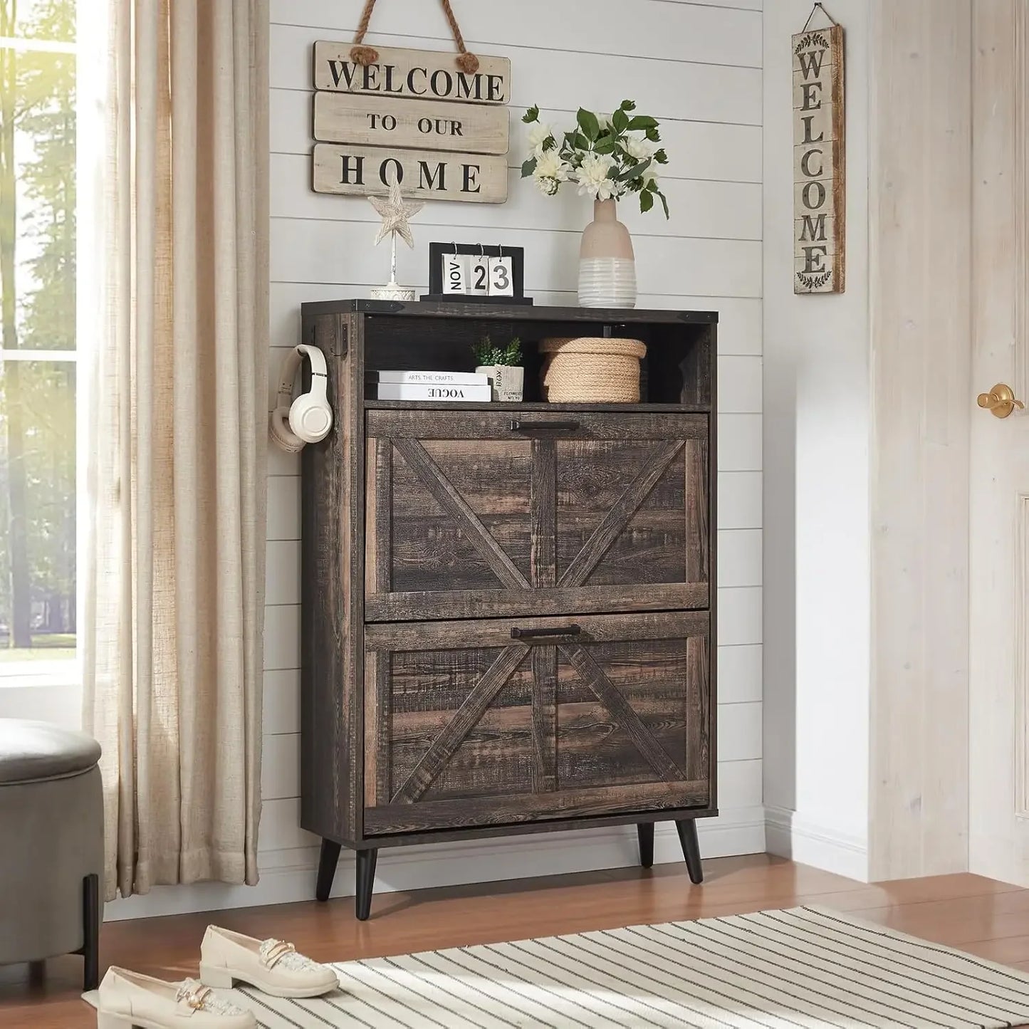 Shoe Storage Cabinet with 2 Flip Drawers & Barn Door Design
