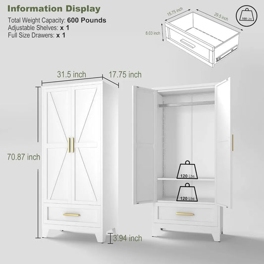 Farmhouse Metal Wardrobe Closet with Hanging Rod, 2 Barn Doors & Adjustable Shelves