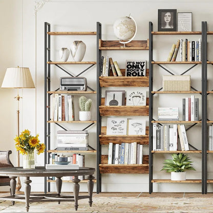 6 Tier Triple Wide Large Etagere Bookshelf with Metal Frame