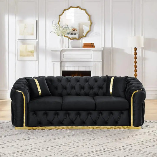90.6" Velvet Button Tufted Sofa with 2 Pillows