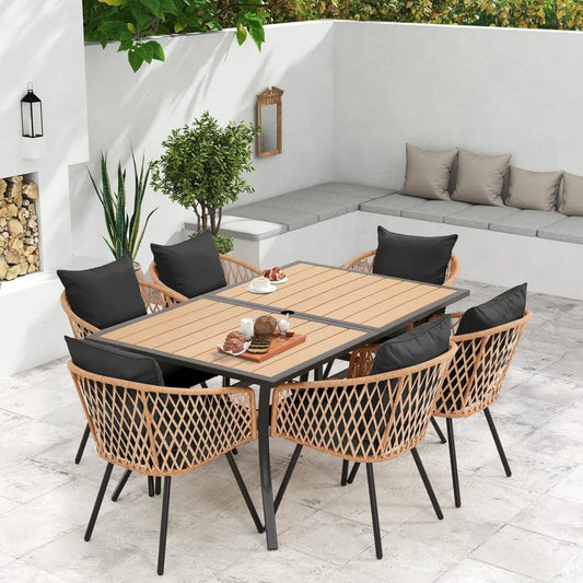 7-Piece All-Weather Rattan Patio Dining Set with 60" Wood Table Top