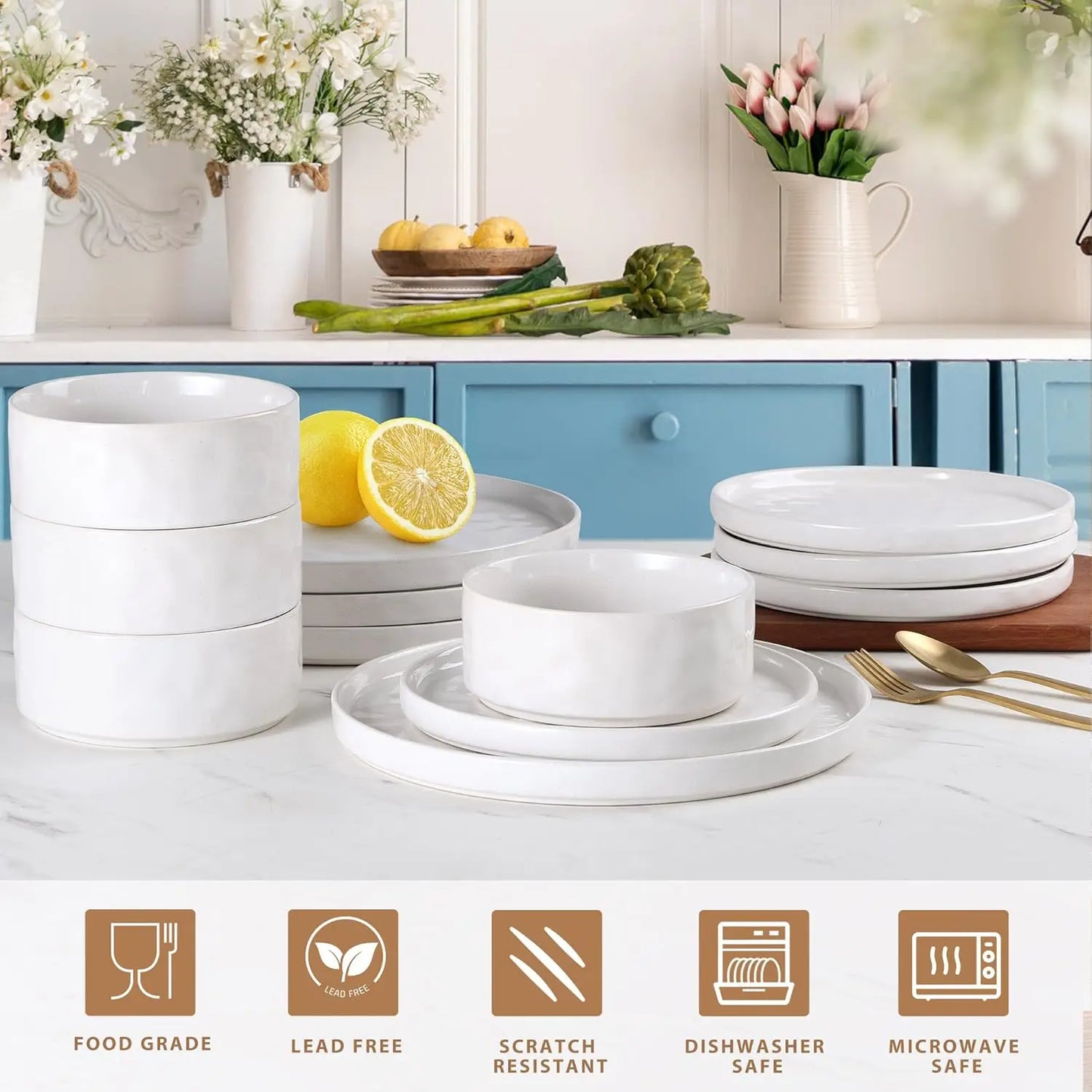 Stoneware Dinnerware Sets, 12 Piece Plates and Bowls Dish Set for 4, Kitchen Speckled Dinner Ware Dining Dishware, Microwave