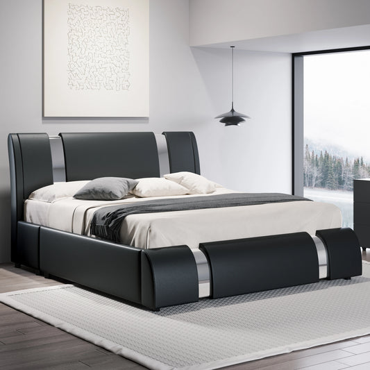 Modern Faux Leather Bed Frame with Iron Pieces Decor