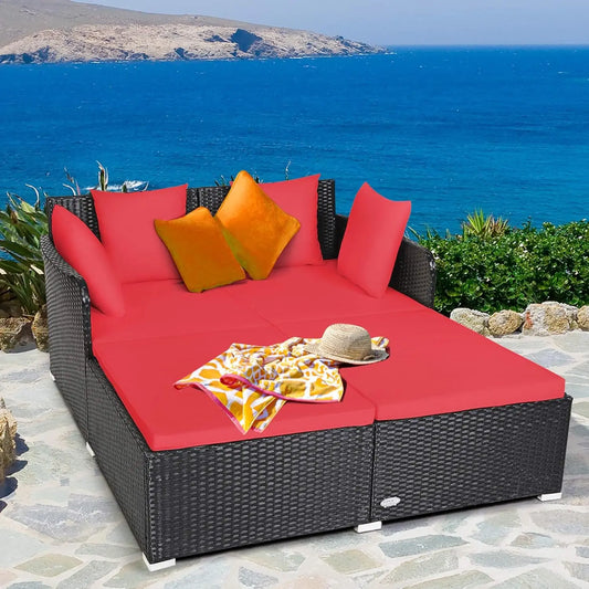 Outdoor Rattan Sunbed Wicker Furniture w/Spacious Seat,