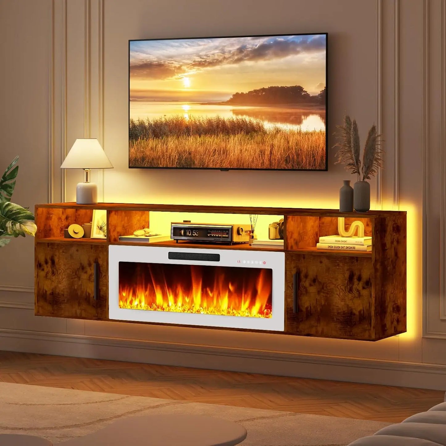 LED Floating Fireplace TV Stand 70'' Wall Mounted Shelf