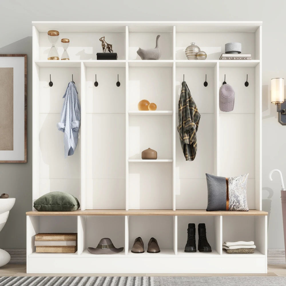Wide Design Hall Tree with Storage Bench, Cube Storage & Shelves