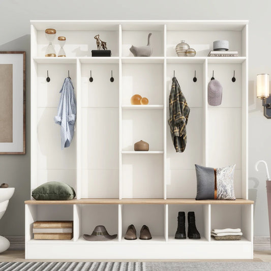 Wide Design Hall Tree with Storage Bench, Cube Storage & Shelves