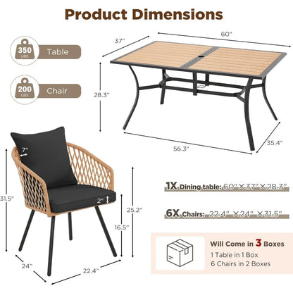 7-Piece All-Weather Rattan Patio Dining Set with 60" Wood Table Top