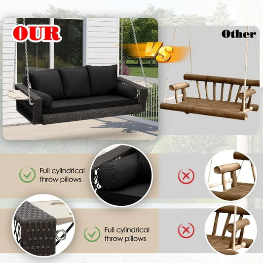 3-Person Hanging Porch Swing with Cushion and Adjustable Chain
