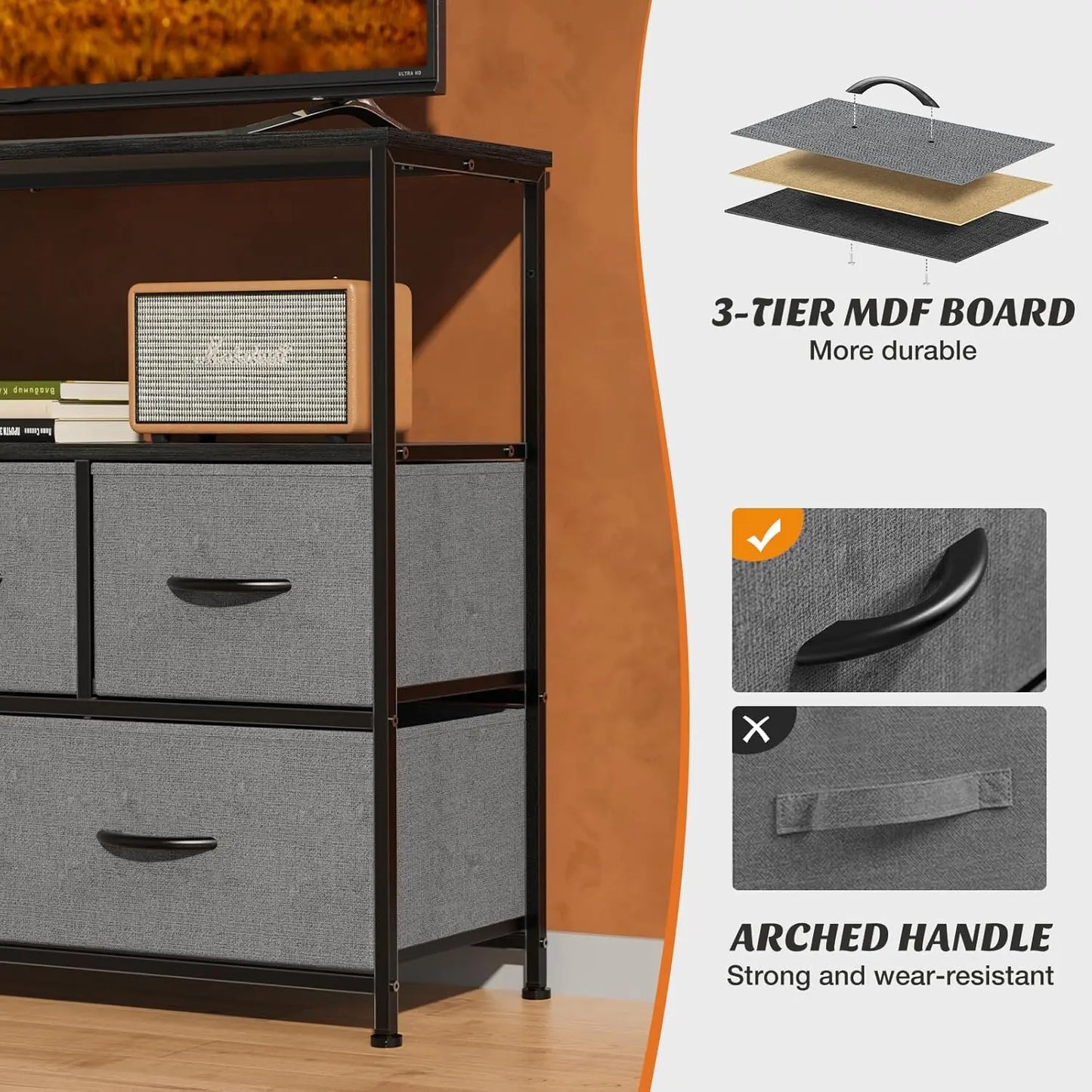 45" TV Stand Modern Fabric 5 Drawer Storage Center