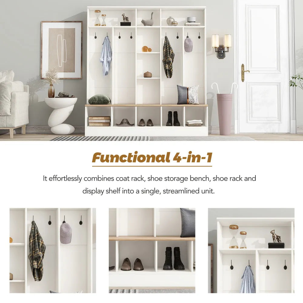 Wide Design Hall Tree with Storage Bench, Cube Storage & Shelves