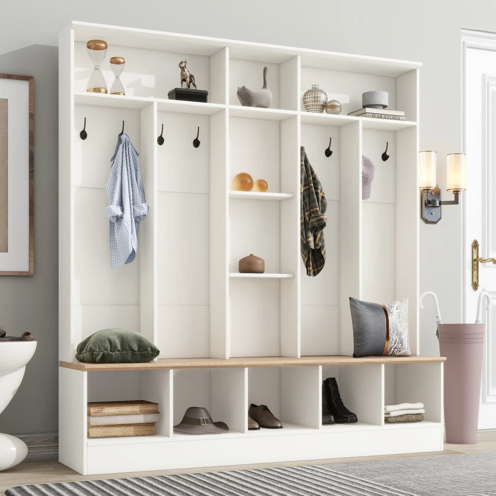 Wide Design Hall Tree with Storage Bench, Cube Storage & Shelves