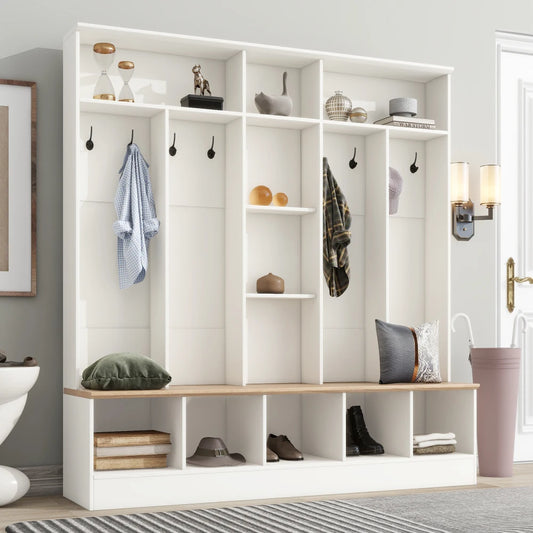 Wide Design Hall Tree with Storage Bench, Cube Storage & Shelves