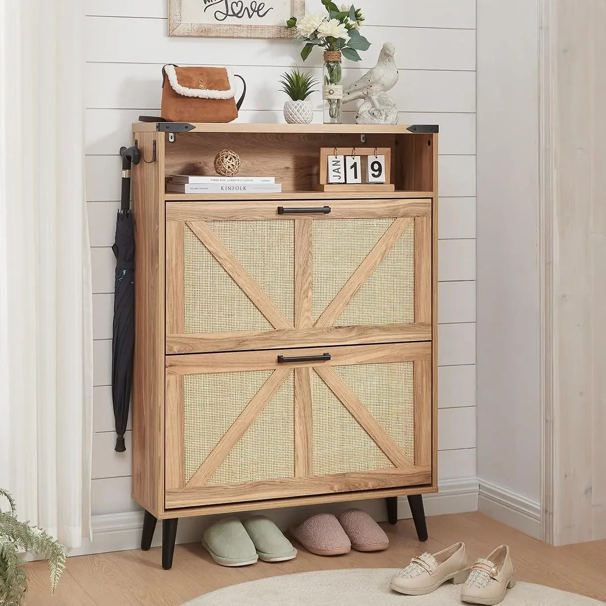 Shoe Storage Cabinet with 2 Flip Drawers & Barn Door Design