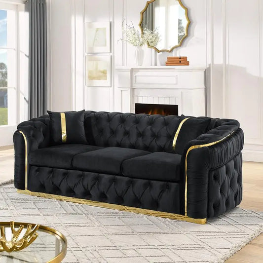 90.6" Velvet Button Tufted Sofa with 2 Pillows