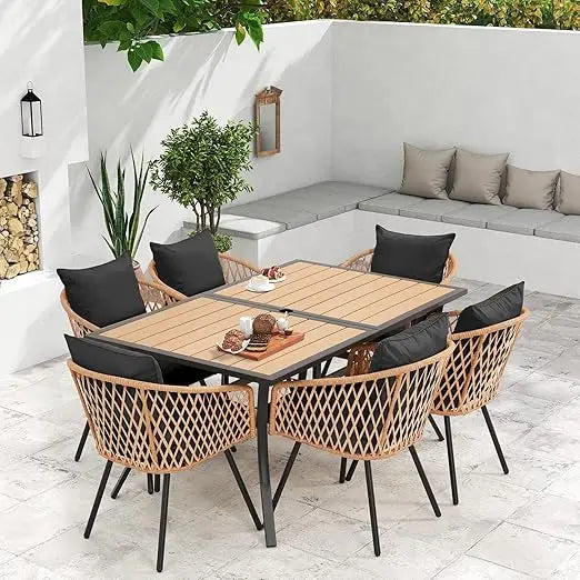 7-Piece All-Weather Rattan Patio Dining Set with 60" Wood Table Top