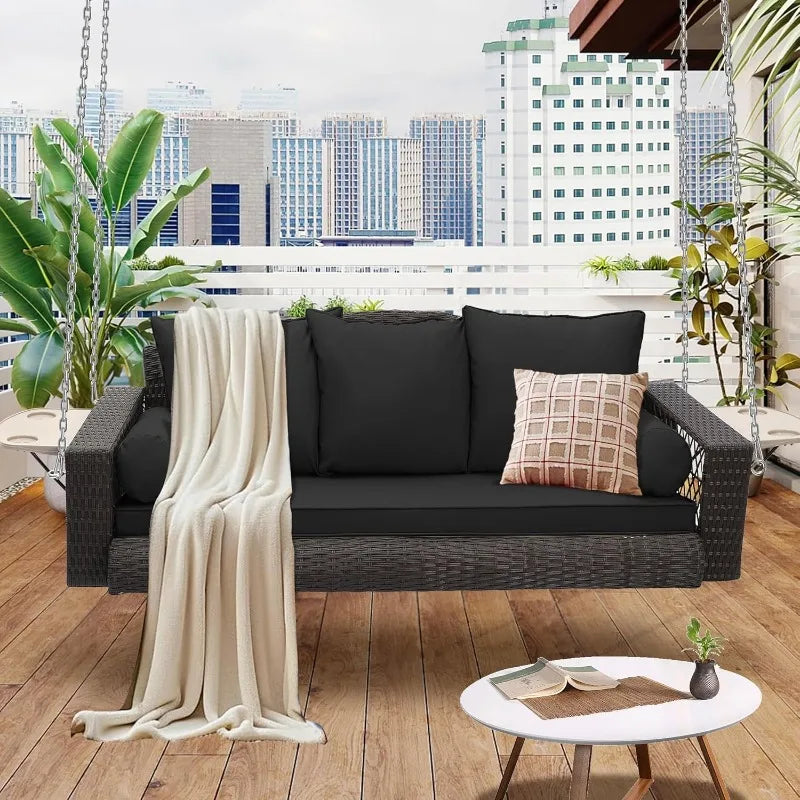 3-Person Hanging Porch Swing with Cushion and Adjustable Chain