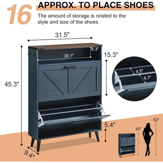 Shoe Storage Cabinet with 2 Flip Drawers & Barn Door Design