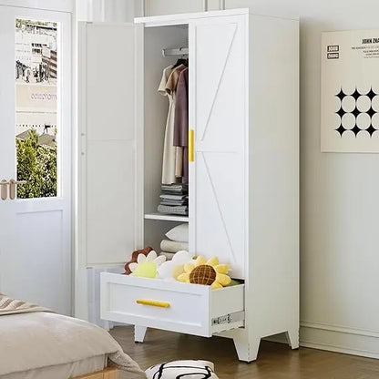Farmhouse Metal Wardrobe Closet with Hanging Rod, 2 Barn Doors & Adjustable Shelves