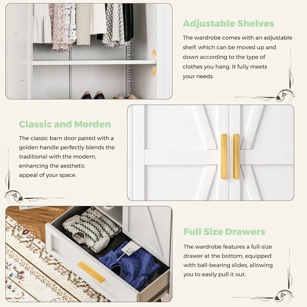 Farmhouse Metal Wardrobe Closet with Hanging Rod, 2 Barn Doors & Adjustable Shelves