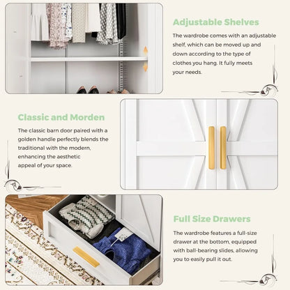 Farmhouse Metal Wardrobe Closet with Hanging Rod, 2 Barn Doors & Adjustable Shelves