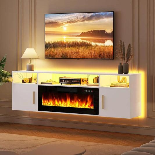 LED Floating Fireplace TV Stand 70'' Wall Mounted Shelf
