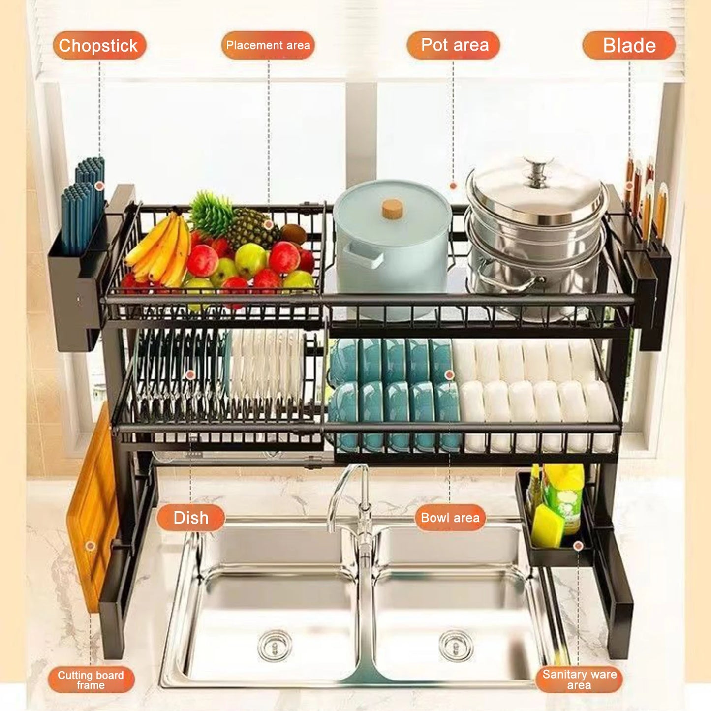 2 Tier Kitchen Storage Shelf Above Sink Draining Rack