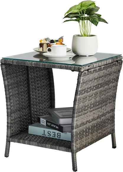 Outdoor Wicker Side Table with Storage