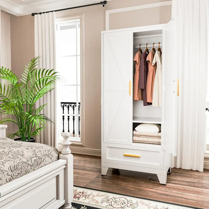 Farmhouse Metal Wardrobe Closet with Hanging Rod, 2 Barn Doors & Adjustable Shelves