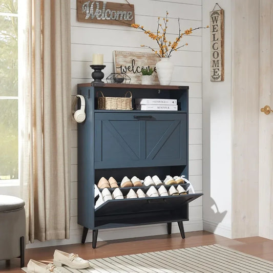 Shoe Storage Cabinet with 2 Flip Drawers & Barn Door Design