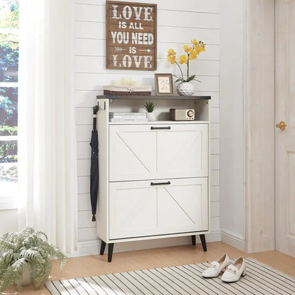Shoe Storage Cabinet with 2 Flip Drawers & Barn Door Design