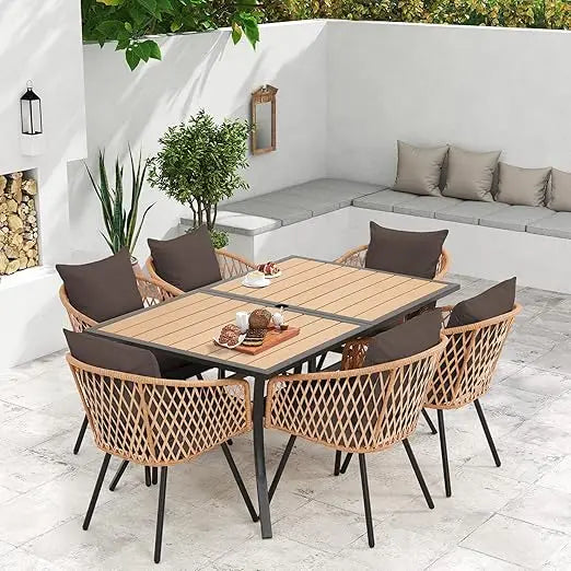 7-Piece All-Weather Rattan Patio Dining Set with 60" Wood Table Top
