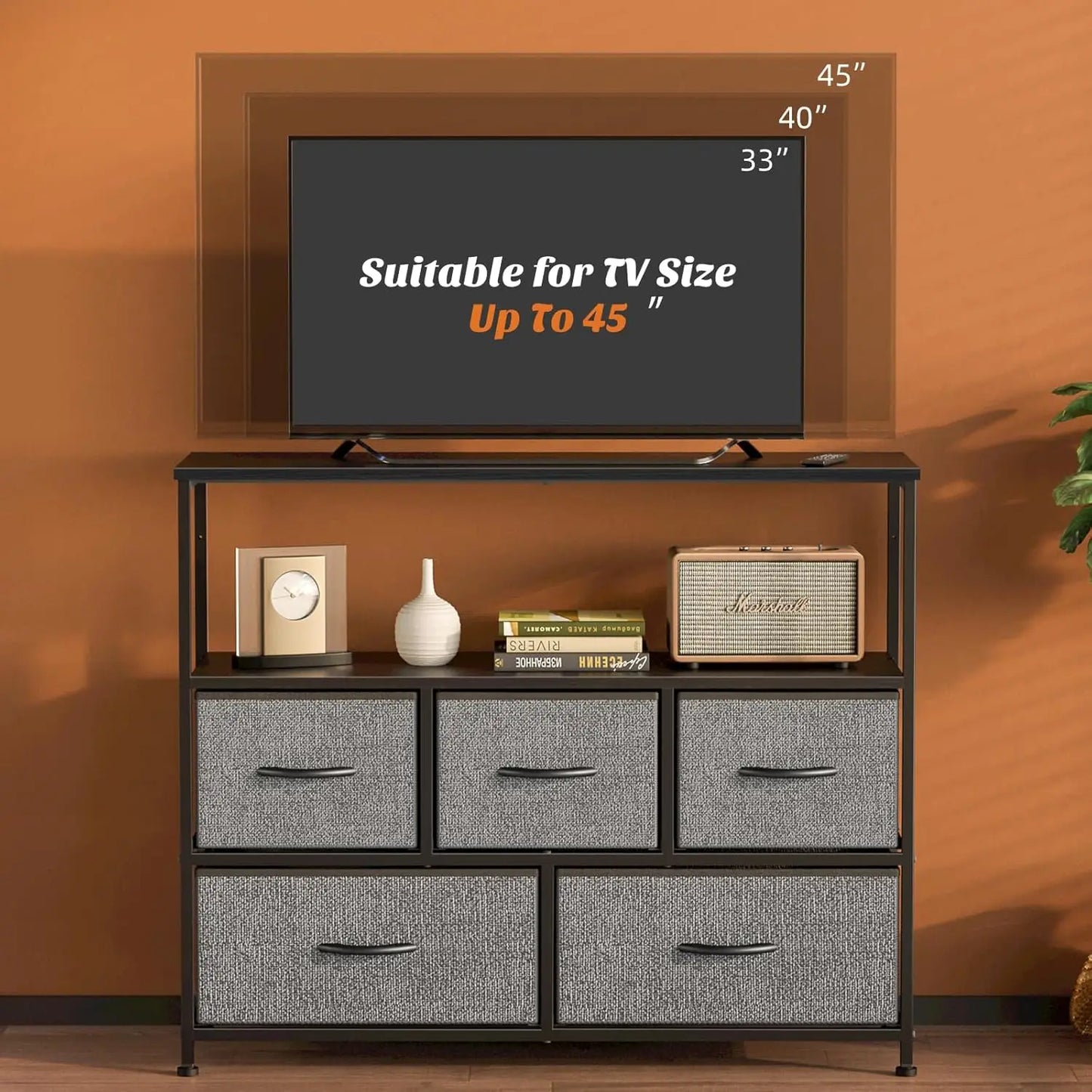 45" TV Stand Modern Fabric 5 Drawer Storage Center