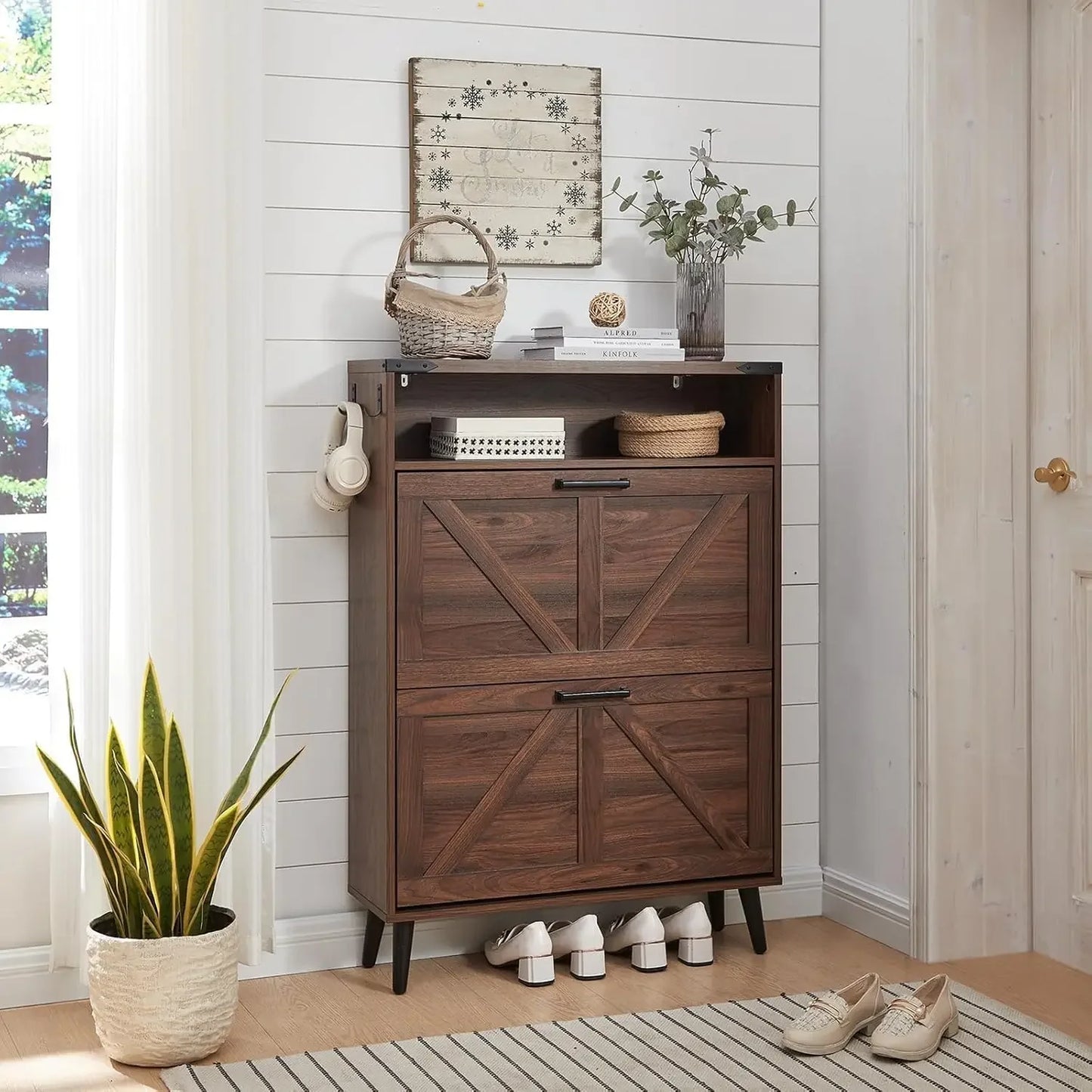 Shoe Storage Cabinet with 2 Flip Drawers & Barn Door Design