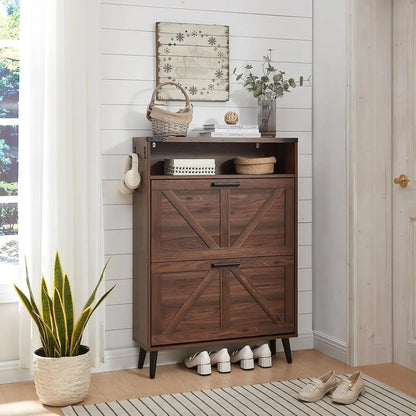Shoe Storage Cabinet with 2 Flip Drawers & Barn Door Design