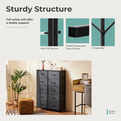 Bedside Table with 10 Fabric Drawers & Steel Frame