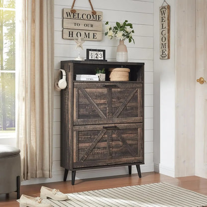 Shoe Storage Cabinet with 2 Flip Drawers & Barn Door Design
