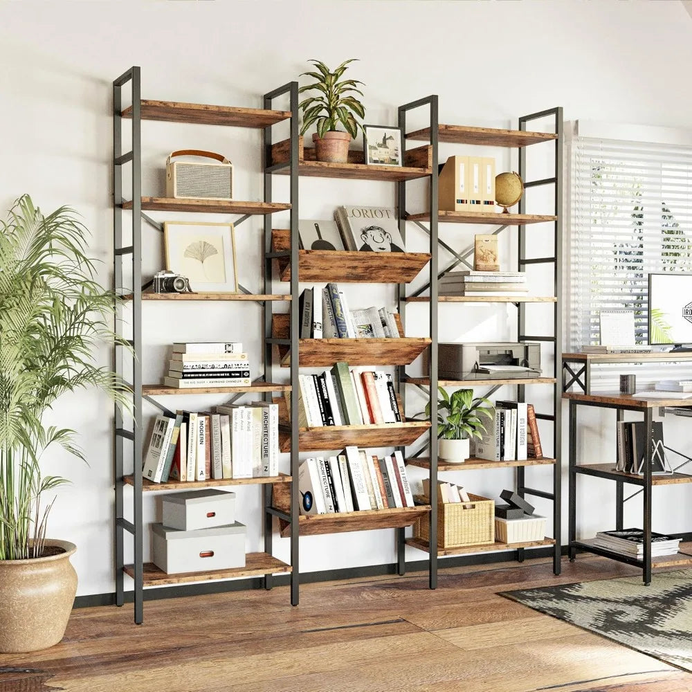 6 Tier Triple Wide Large Etagere Bookshelf with Metal Frame