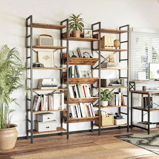 6 Tier Triple Wide Large Etagere Bookshelf with Metal Frame