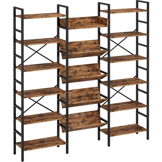 6 Tier Triple Wide Large Etagere Bookshelf with Metal Frame
