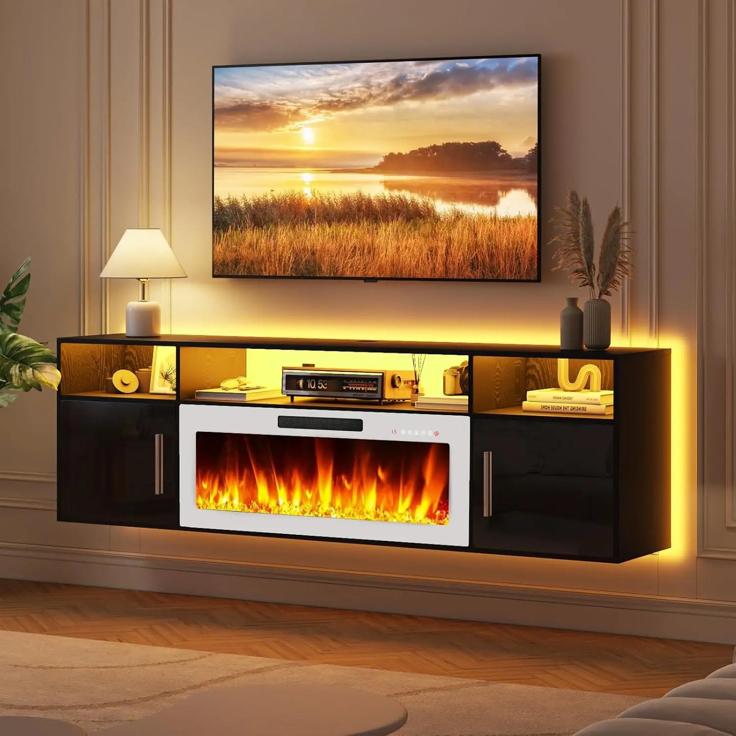 LED Floating Fireplace TV Stand 70'' Wall Mounted Shelf