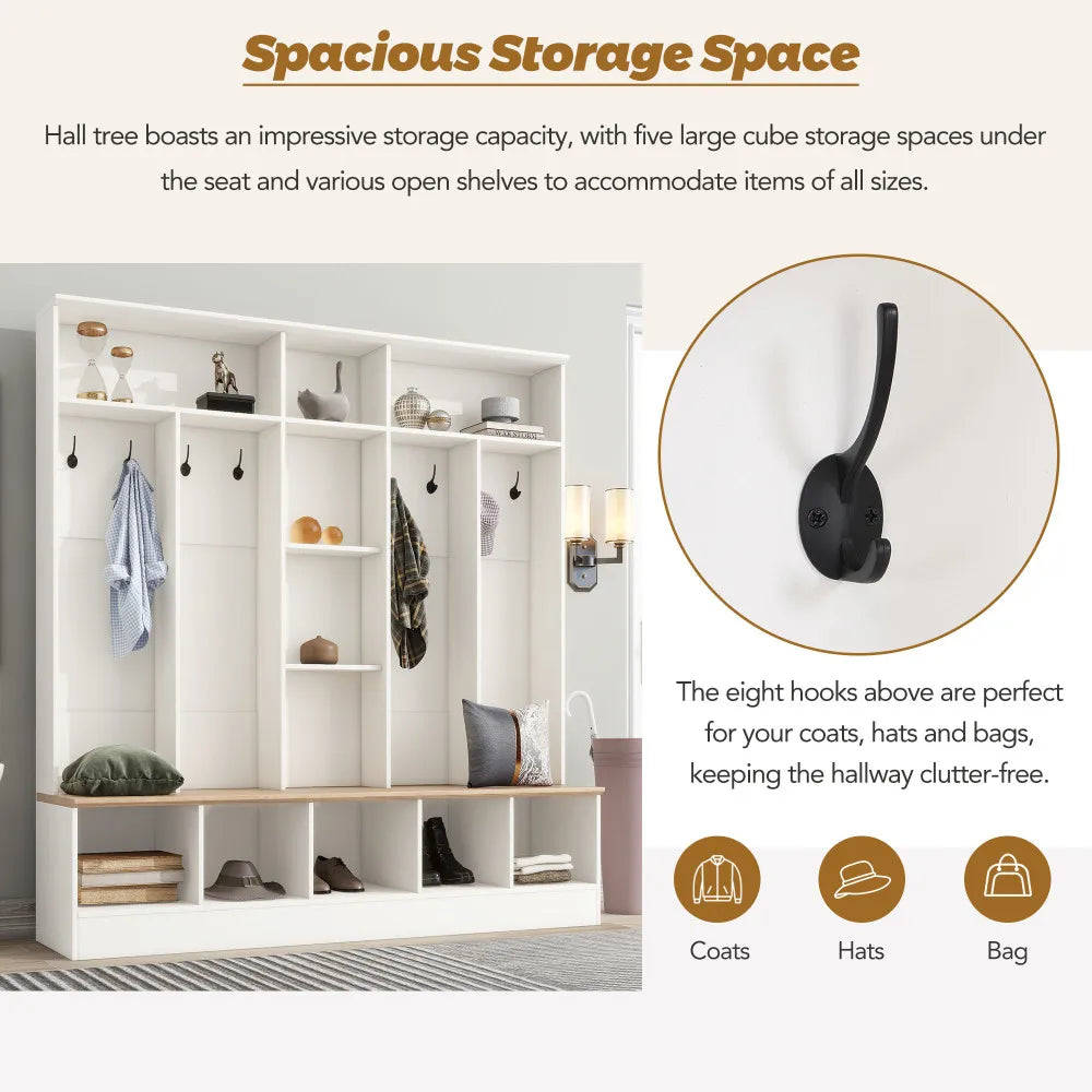 Wide Design Hall Tree with Storage Bench, Cube Storage & Shelves