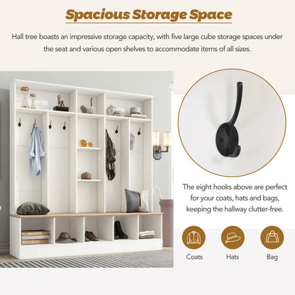 Wide Design Hall Tree with Storage Bench, Cube Storage & Shelves