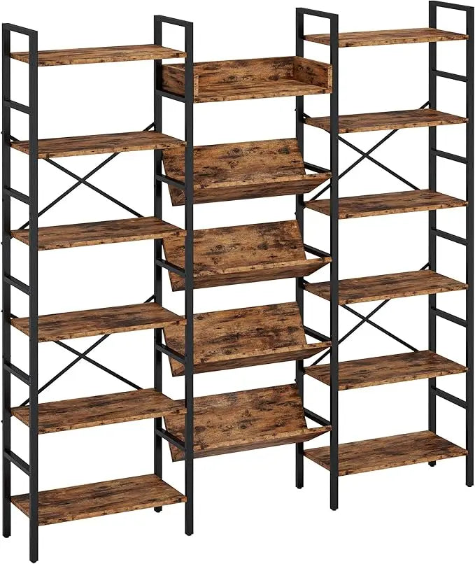 6 Tier Triple Wide Large Etagere Bookshelf with Metal Frame
