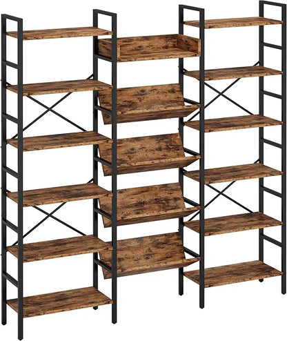 6 Tier Triple Wide Large Etagere Bookshelf with Metal Frame