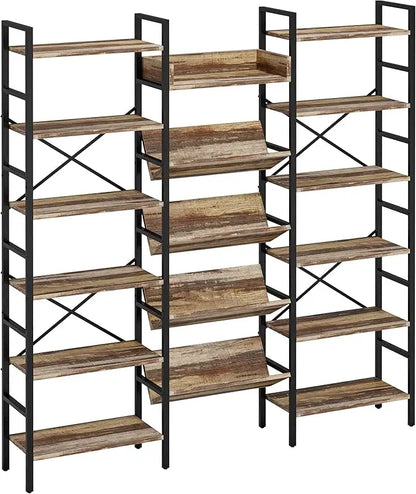 6 Tier Triple Wide Large Etagere Bookshelf with Metal Frame