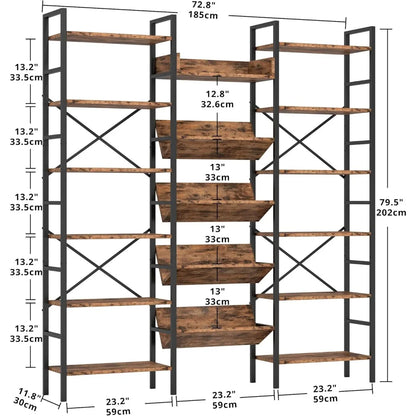 6 Tier Triple Wide Large Etagere Bookshelf with Metal Frame